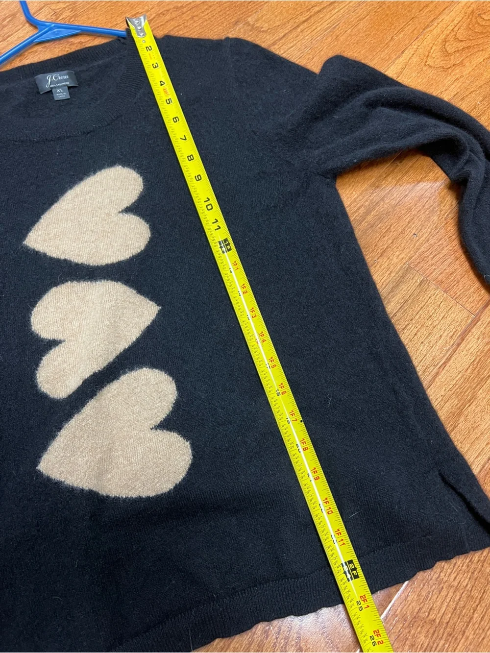 J Crew cashmere Black Sweater with Cream Heart Motif